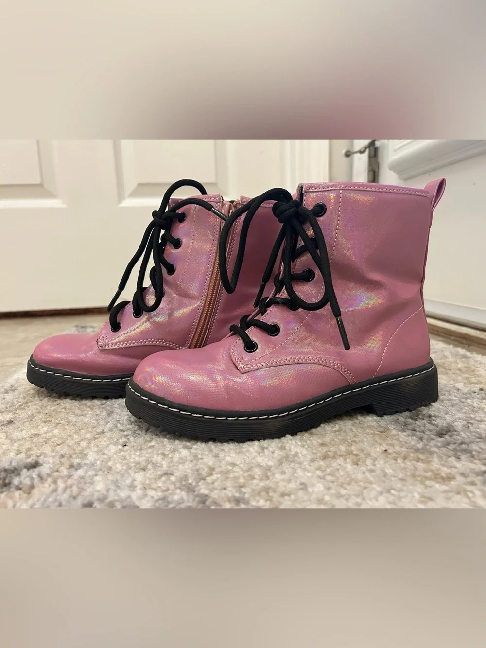 Chloe Pink Iridescent Lace-Up Kids Boots